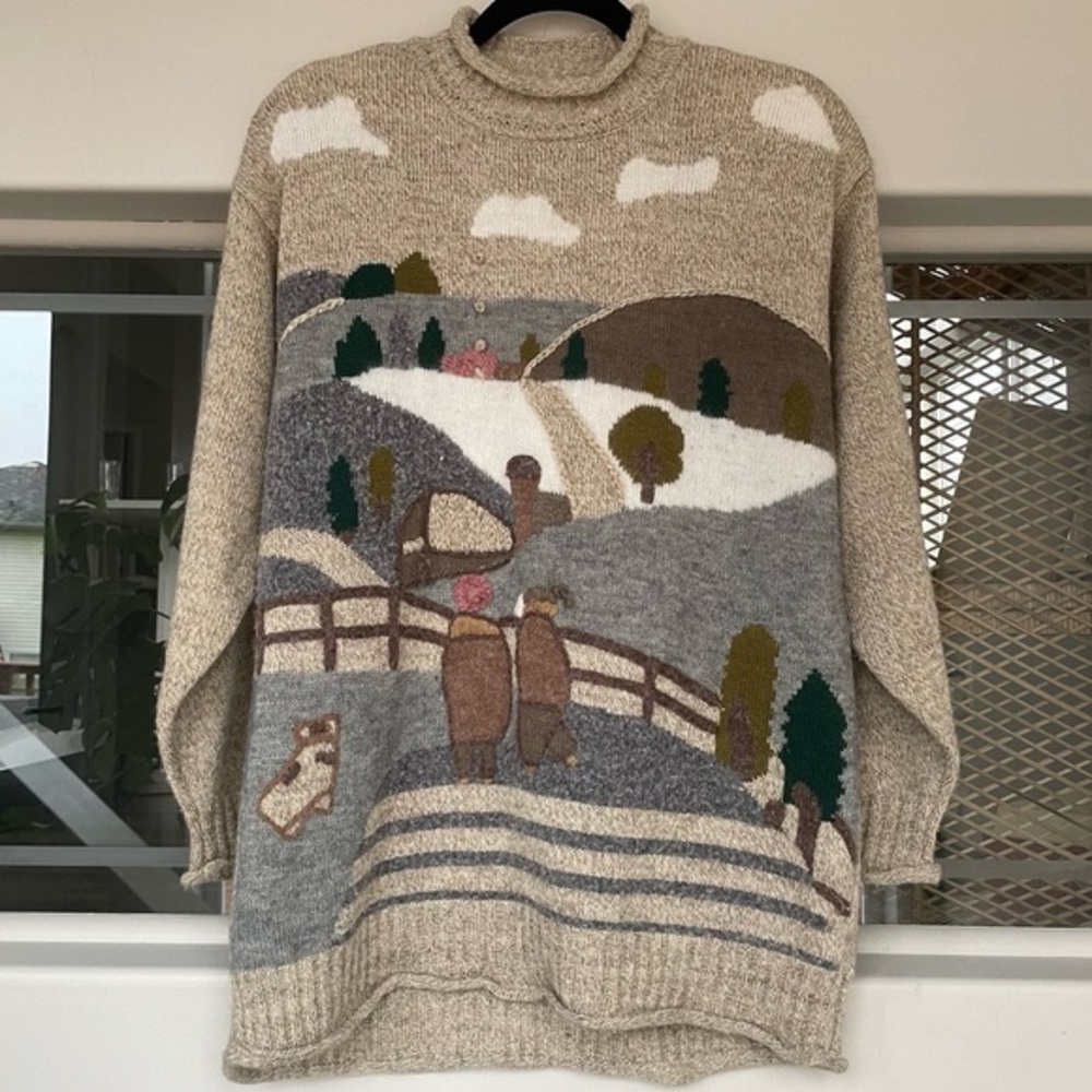 Vintage 80s Novelty Farm Country Scene Mockneck Sweater Wool